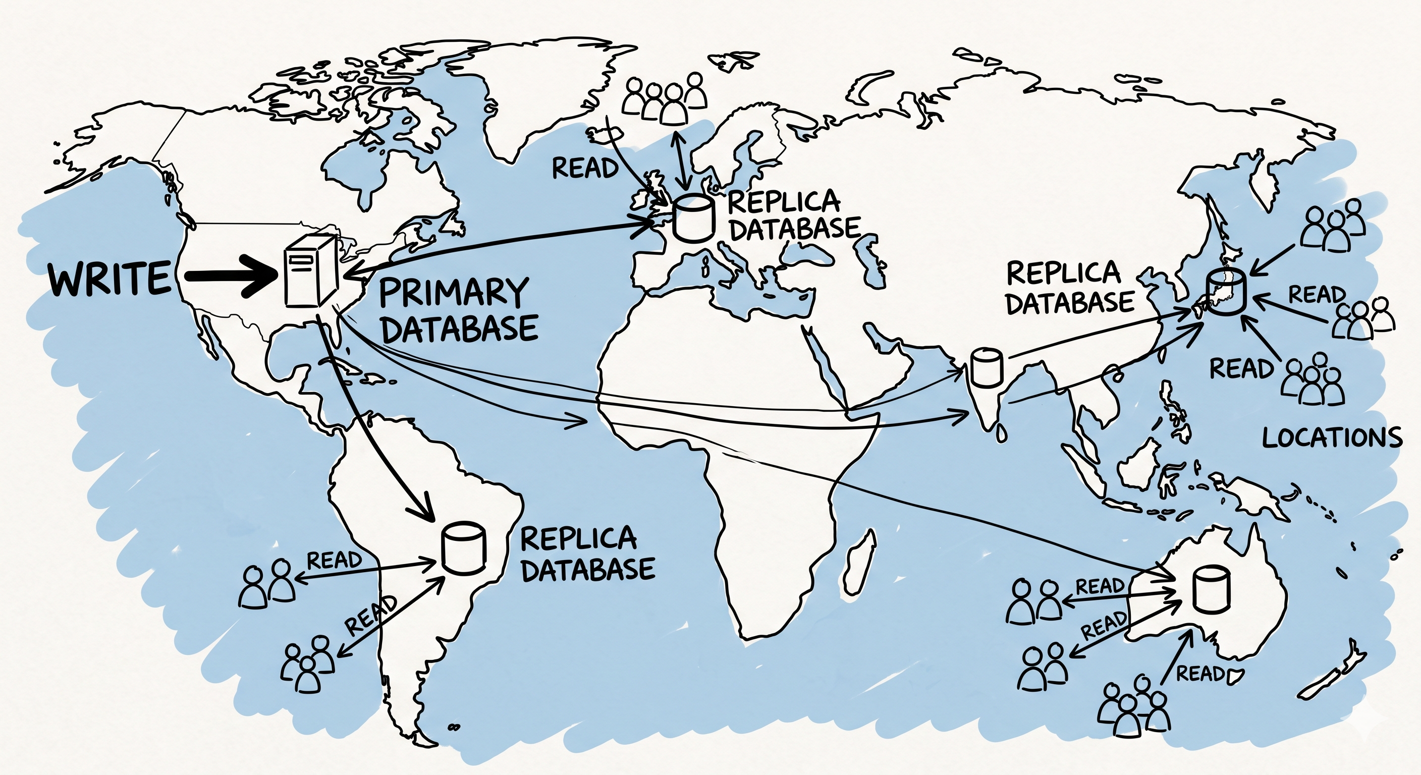 Diagram showing Turso's primary and replica architecture with global distribution across regions including Tokyo, London, and Mumbai