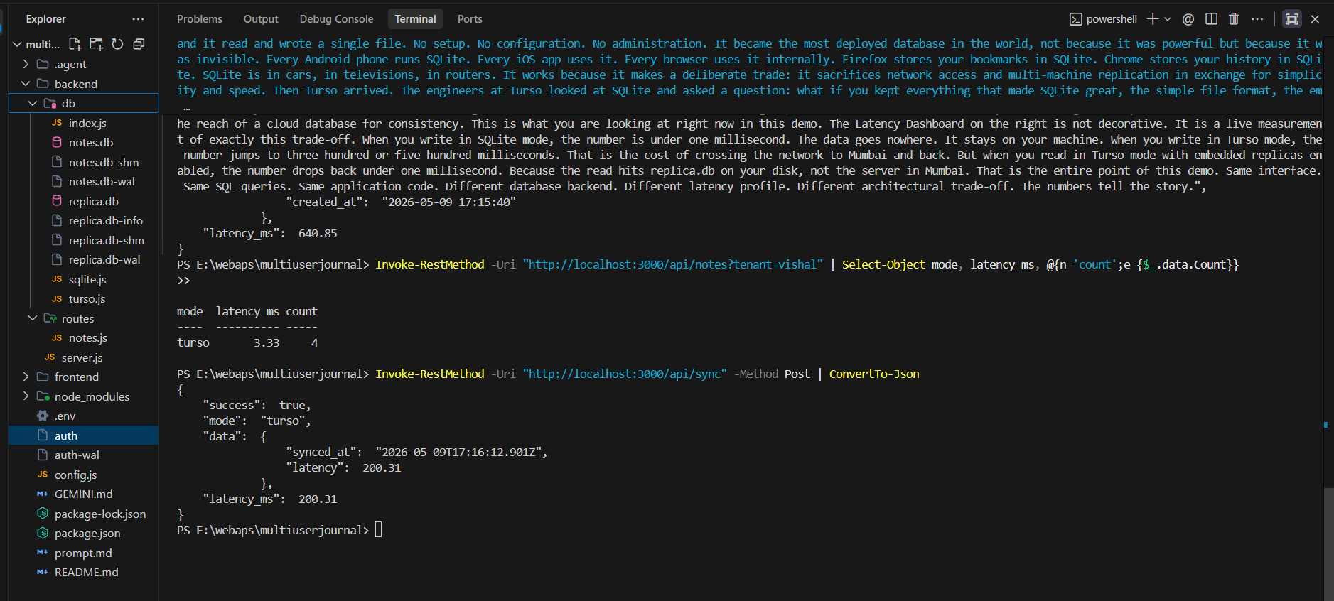 PowerShell terminal showing Turso API response with write latency 640ms and sync latency 200ms